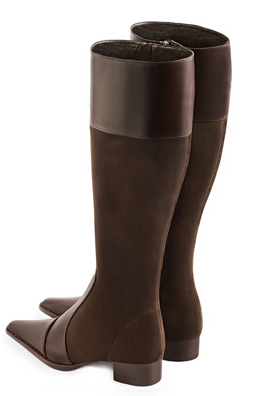Dark brown women's riding knee-high boots. Tapered toe. Low leather soles. Made to measure. Rear view - Florence KOOIJMAN